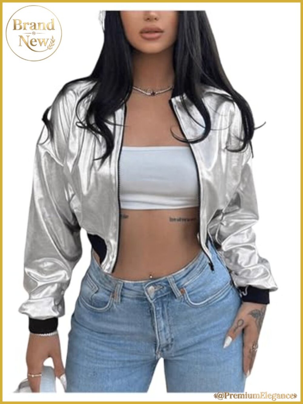 Metallic Zip Up Crop Jacket Long Sleeve Colorblock Outerwear